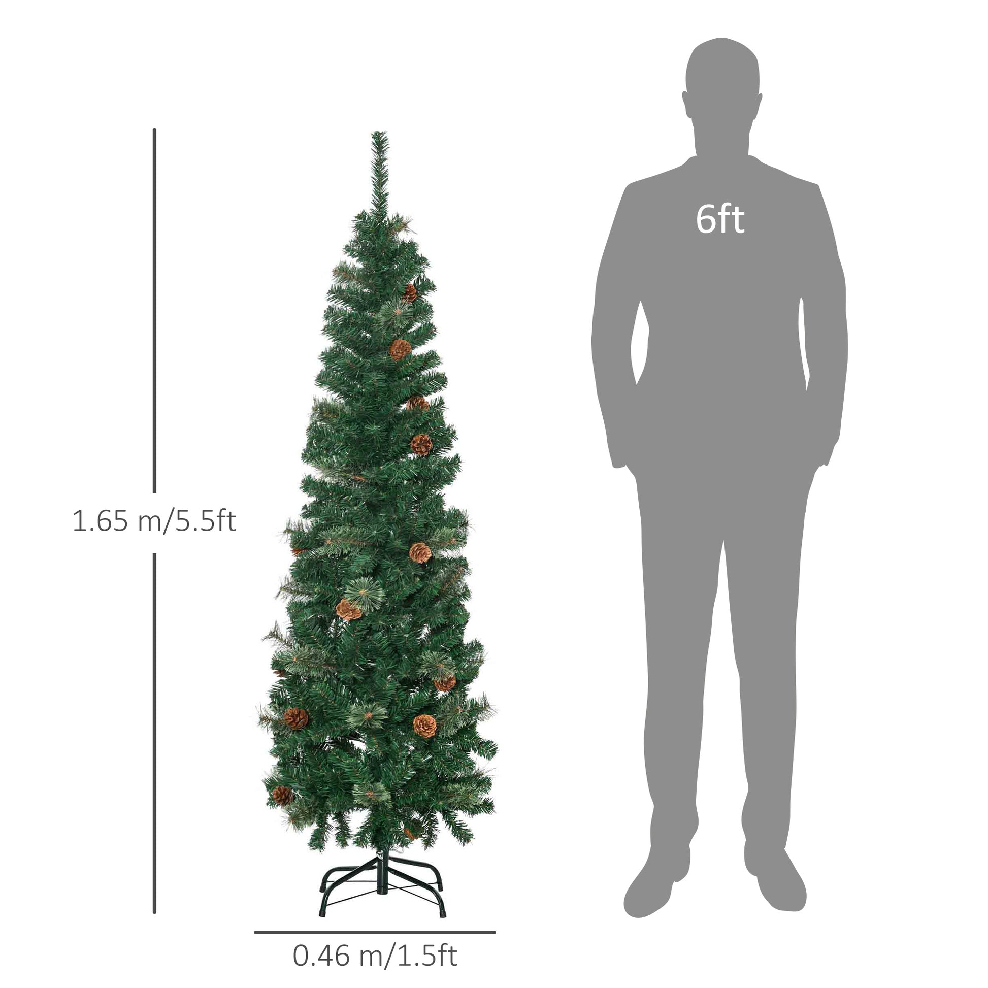 HOMCOM 5.5' Tall Pencil Slim Artificial Christmas Tree with Realistic Branches, 412 Tip Count and 21 Pine Cones, Pine Needles Tree, Xmas Decoration