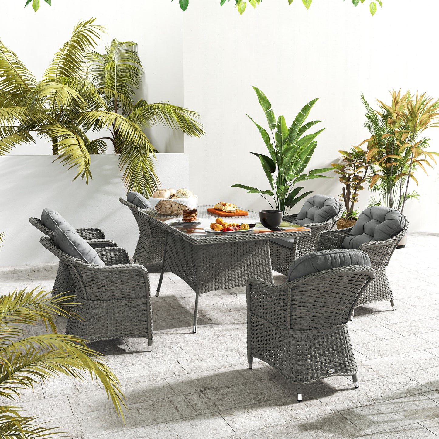 Outsunny Seven-Piece Rattan Dining Set - Light Grey