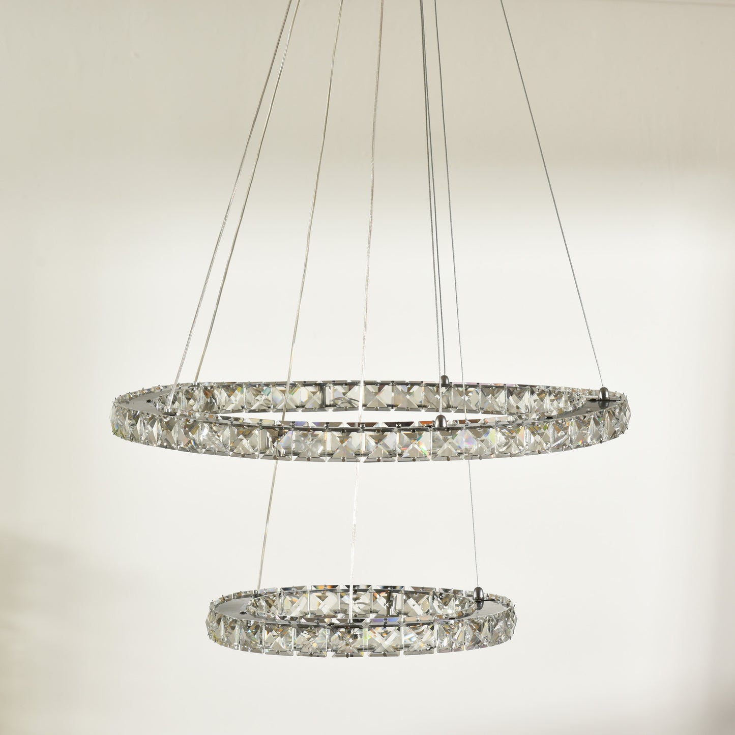 HOMCOM Modern LED Chandelier with 2 Crystal Rings, Dimmable Pendent Ceiling Light Cool Warm White with Adjustable Cable Remote Controller, Silver