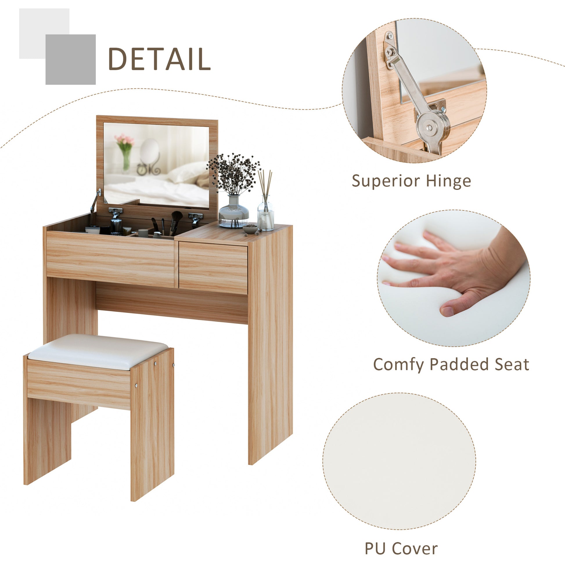 HOMCOM Chipboard Dressing Table Set Cushioned Stool Flip-up Mirror Drawer Wood Grain Colour
