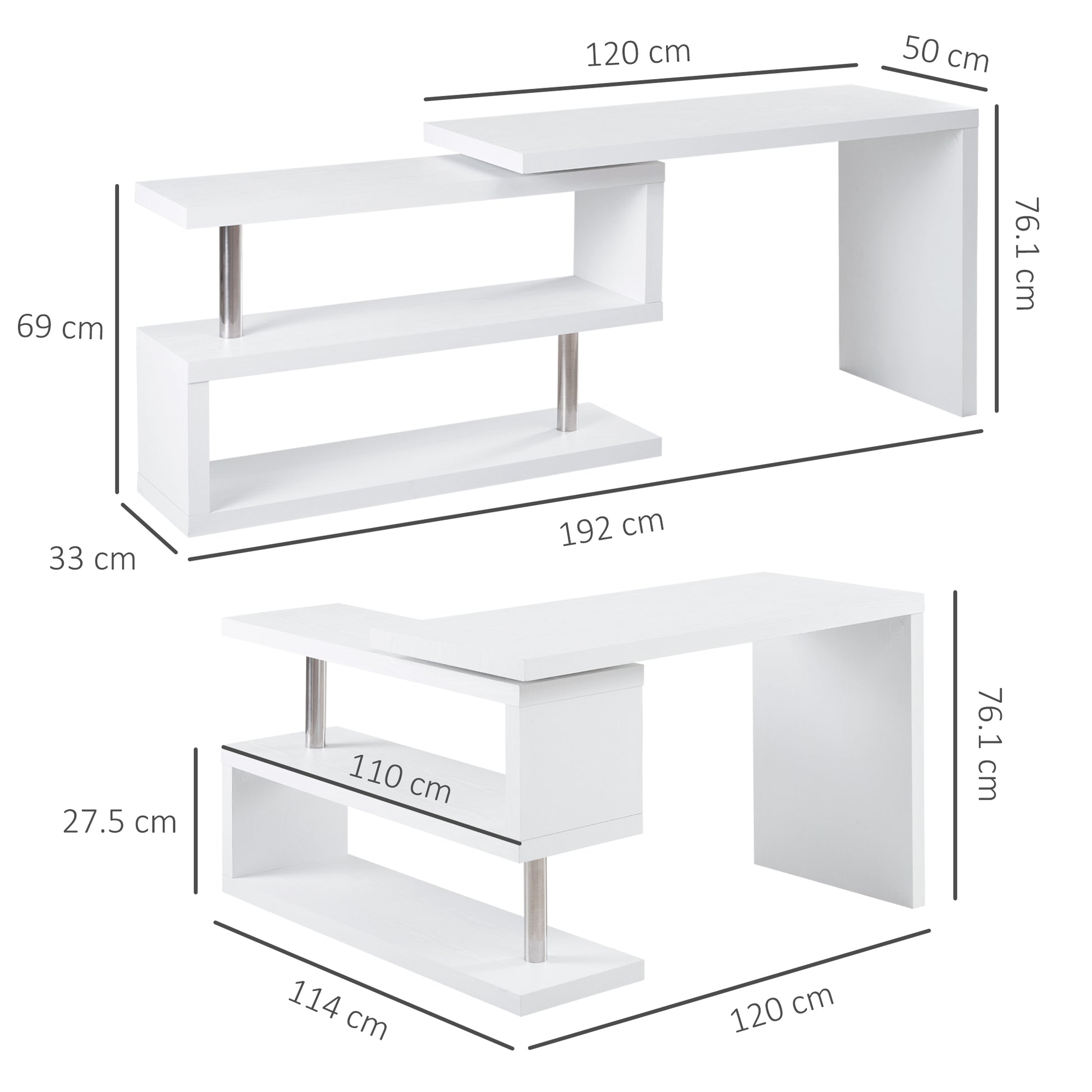 HOMCOM 360° Rotating L-Shaped Corner Computer Desk Home Office Writing Table Swivel Workstation with Storage Shelf, White