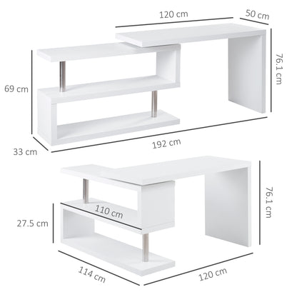 HOMCOM 360° Rotating L-Shaped Corner Computer Desk Home Office Writing Table Swivel Workstation with Storage Shelf, White
