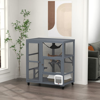 PawHut Cat House, Wooden Indoor Catio Cat Enclosure on Wheels, Wooden Kitty Cage with Platforms, Hammock, Light Grey