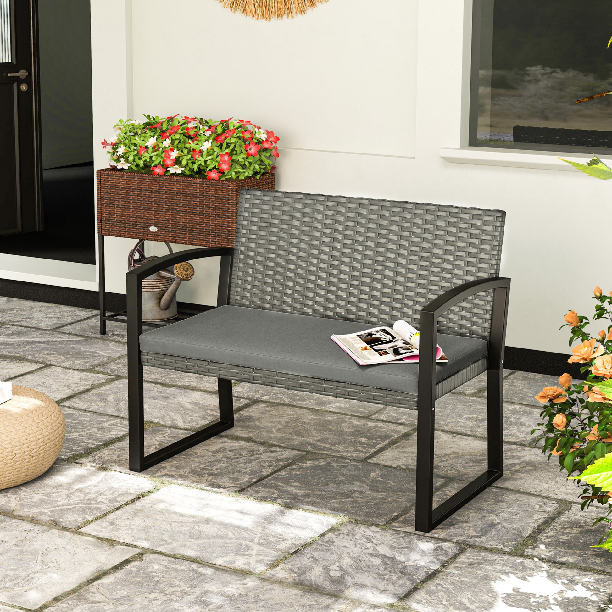 Outsunny Two-Seater Rattan Garden Bench - Grey/Black