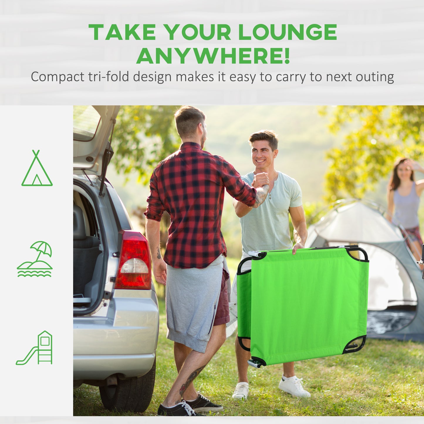 Outsunny Outdoor Folding Sun Lounger Set of 2 with Face Hole, 4 Level Adjustable Backrest Reclining Garden Lounger, Garden Recliner Sunbed with 600 D Oxford Cloth Seat and Pillow for Beach, Green