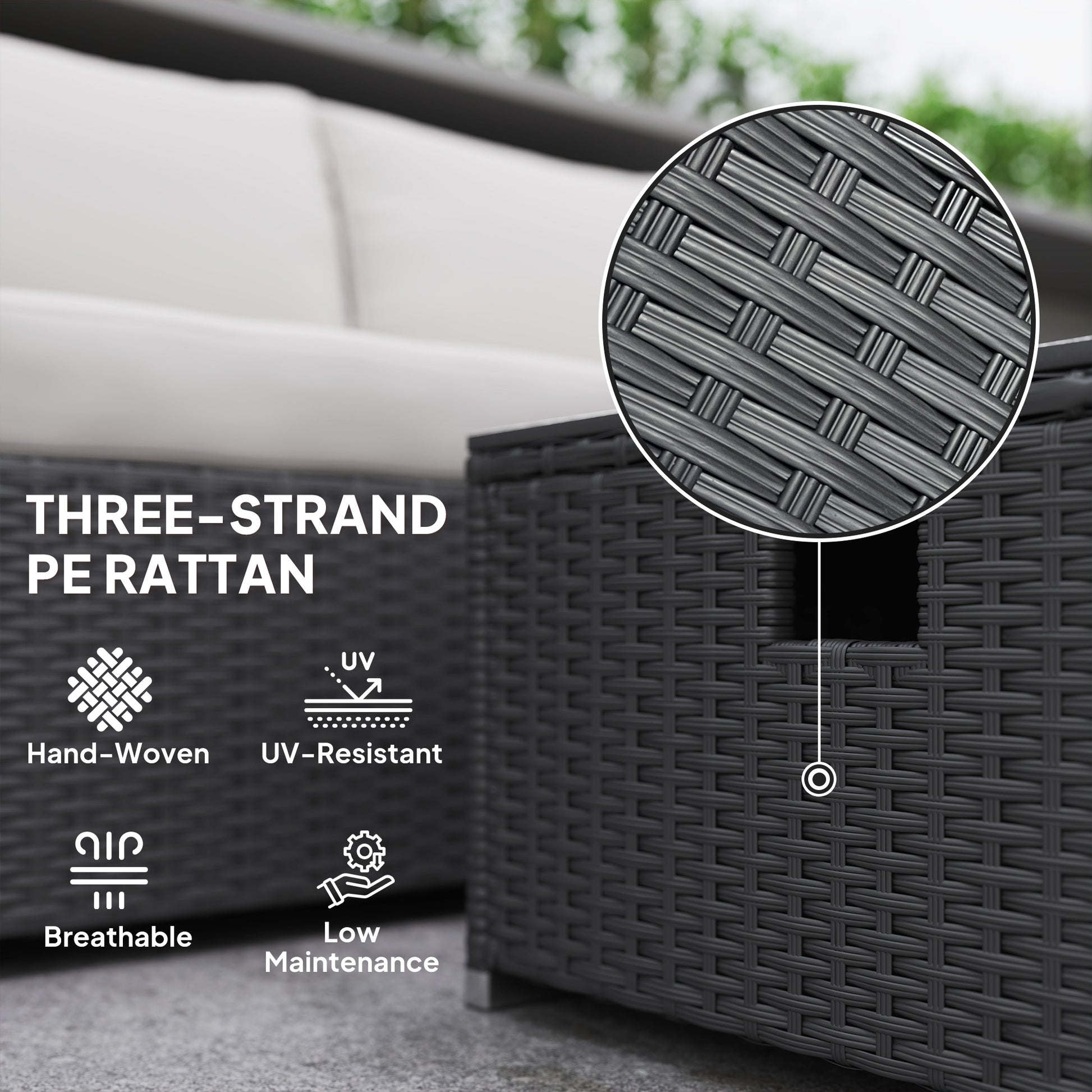 Outsunny Five Piece Rattan Garden Furniture Set with Gas Fire Pit Table and Footstool - Black and Cream White