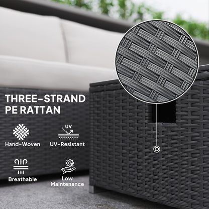 Outsunny Five Piece Rattan Garden Furniture Set with Gas Fire Pit Table and Footstool - Black and Cream White