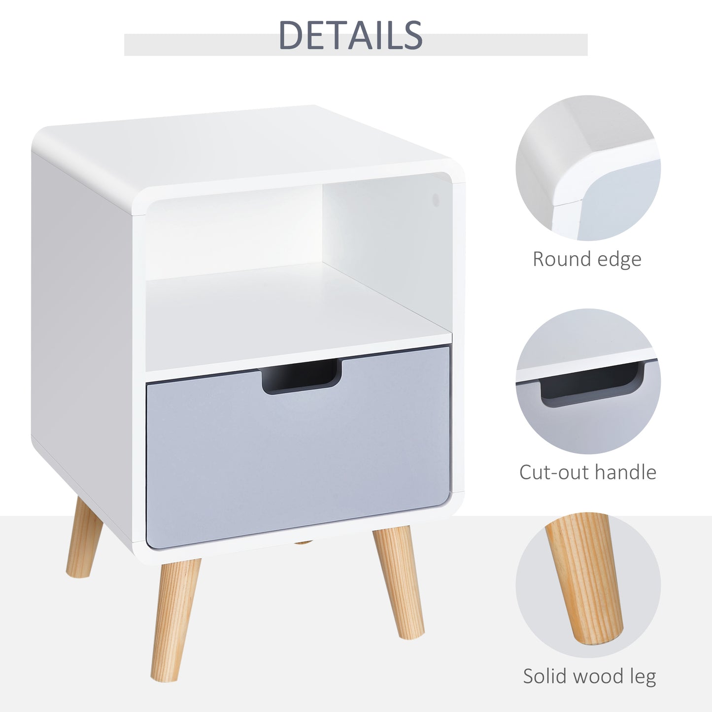 HOMCOM Scandinavian Style Bedside Table, 40Lx38Wx58H cm-White/Grey/Natural Wood Colour