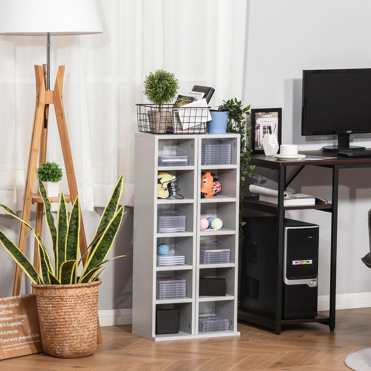 HOMCOM 204 CD Media Display Shelf Unit Set of 2 Blu-Ray DVD Tower Rack w/ Adjustable Shelves Bookcase Storage Organiser, Grey