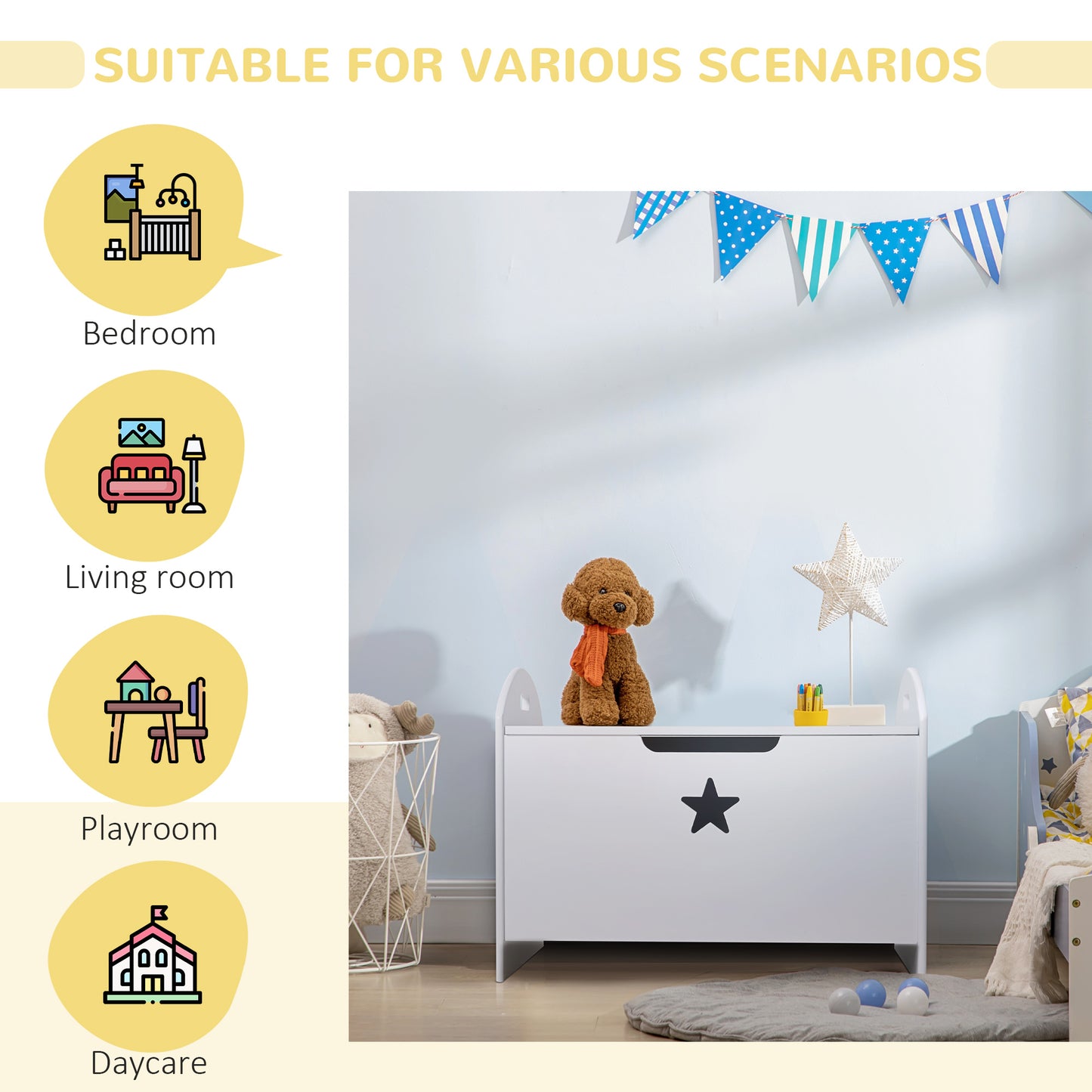 HOMCOM MDF Children's Toy Storage Chest w/ Safety Hinge White