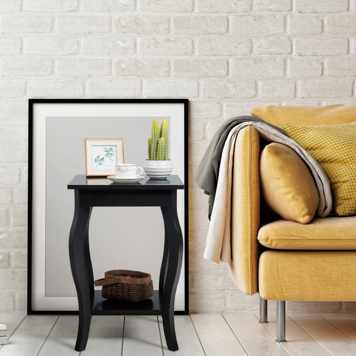 Accent End Table with Elegant Curved Legs and 2-Tier Open Storage Shelves-Black