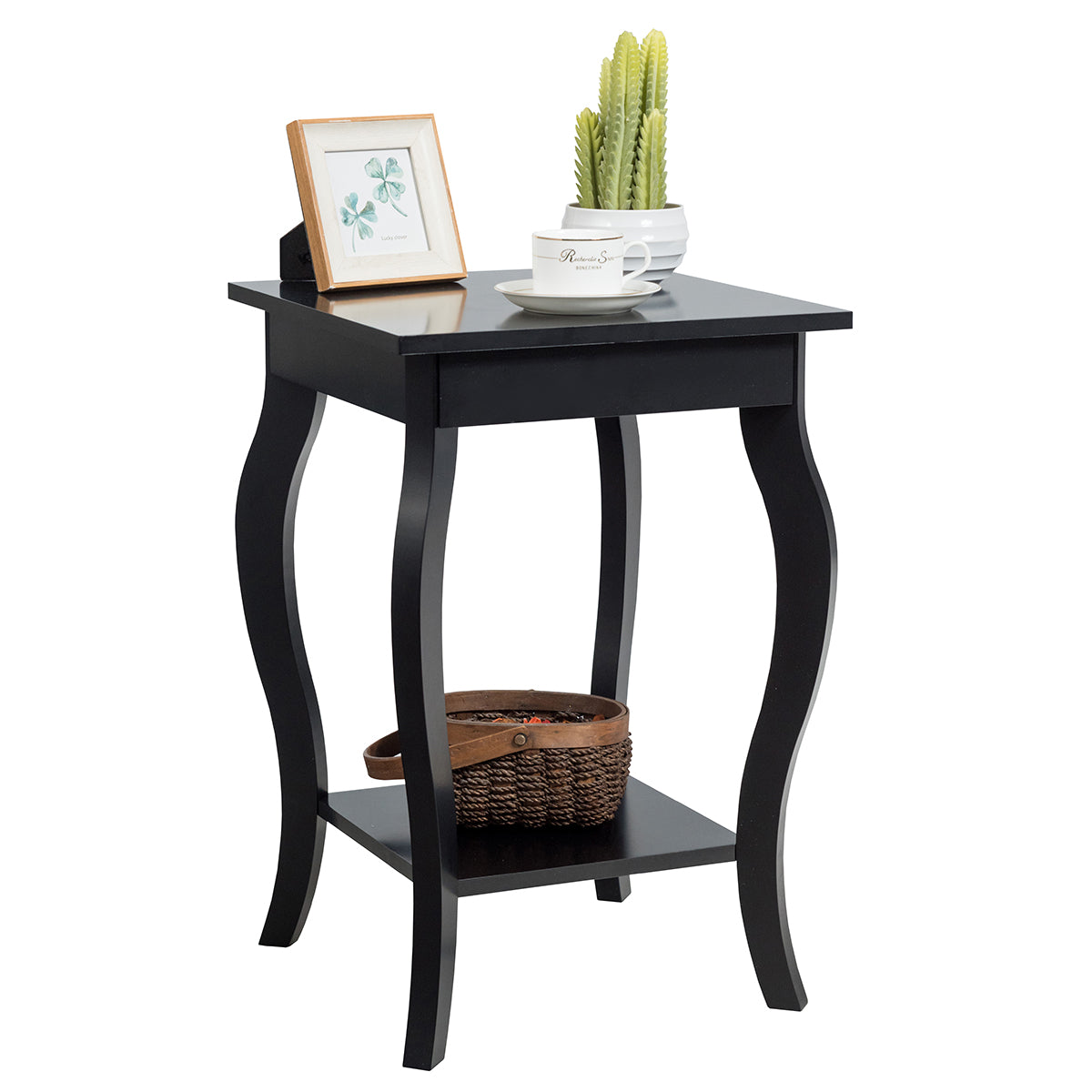 Accent End Table with Elegant Curved Legs and 2-Tier Open Storage Shelves-Black