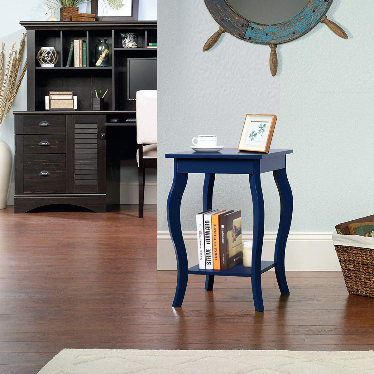 Accent End Table with Elegant Curved Legs and 2-Tier Open Storage Shelves-Blue