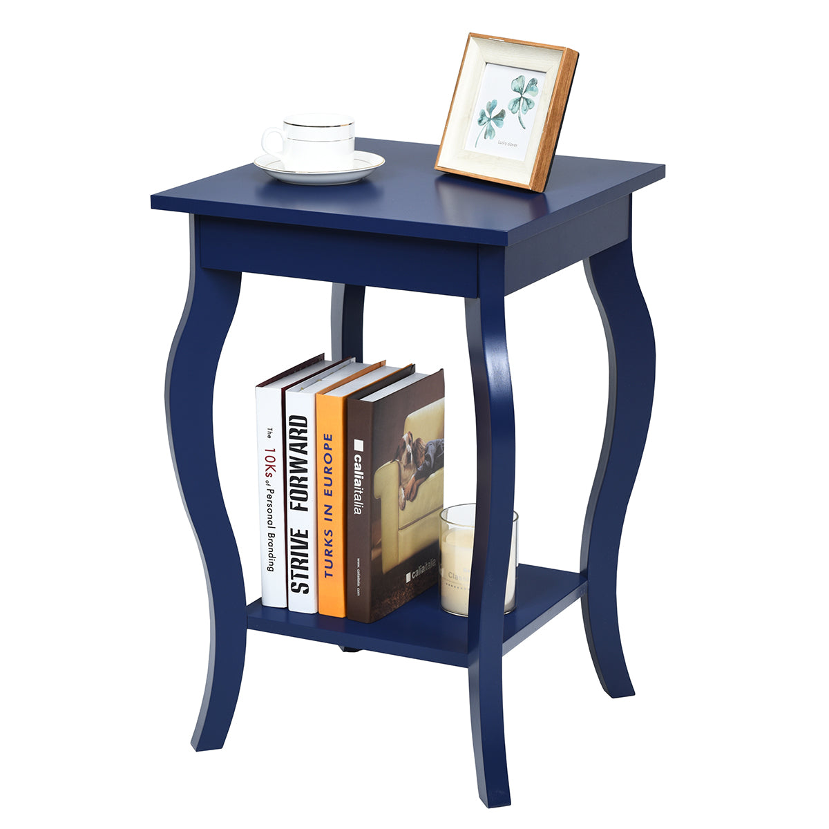 Accent End Table with Elegant Curved Legs and 2-Tier Open Storage Shelves-Blue