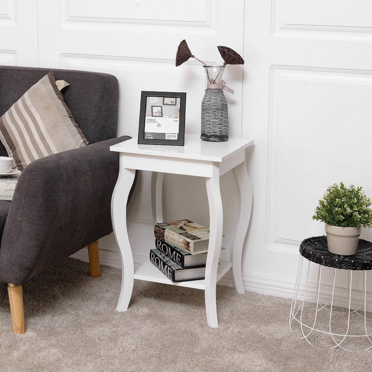Accent End Table with Elegant Curved Legs and 2-Tier Open Storage Shelves-White