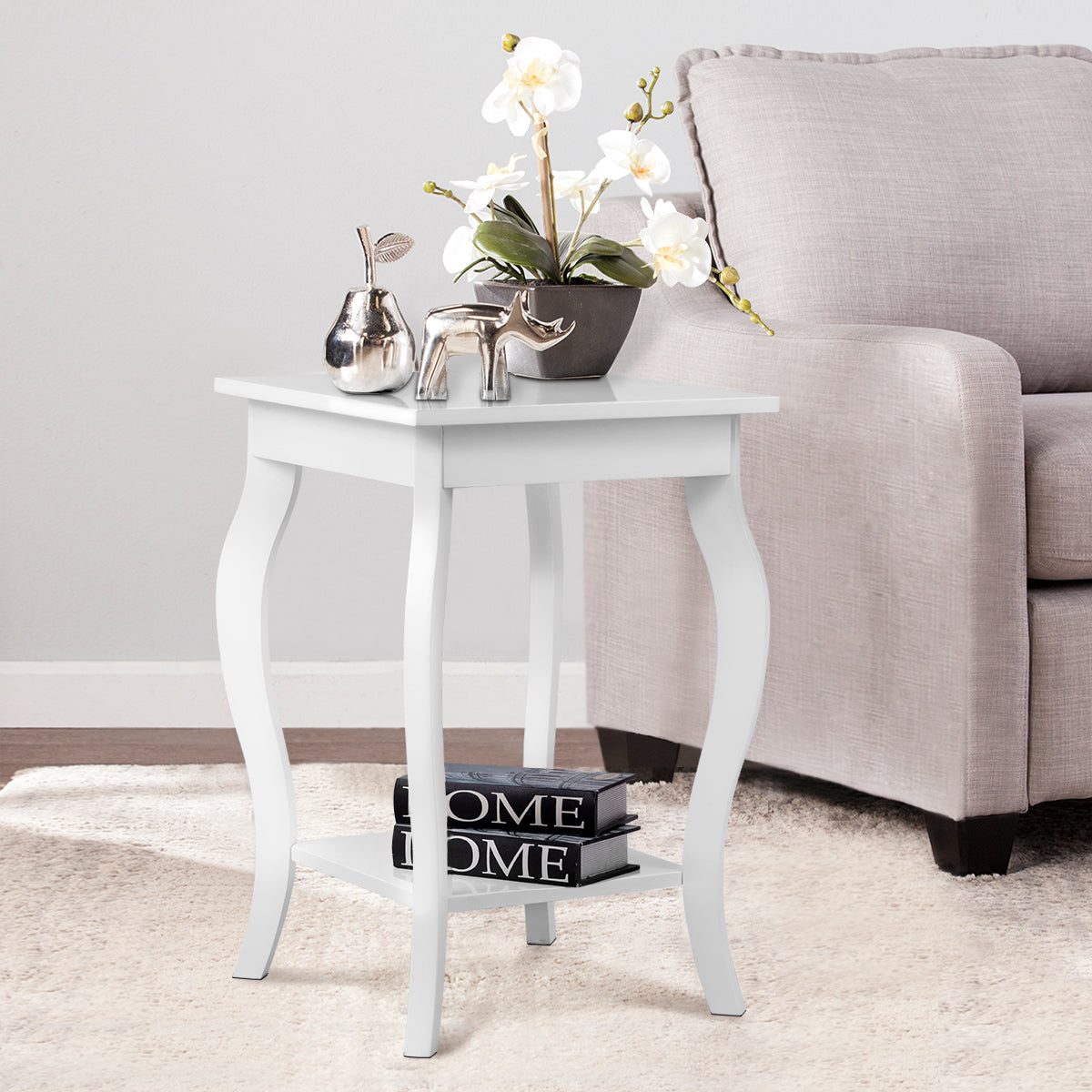 Accent End Table with Elegant Curved Legs and 2-Tier Open Storage Shelves-White