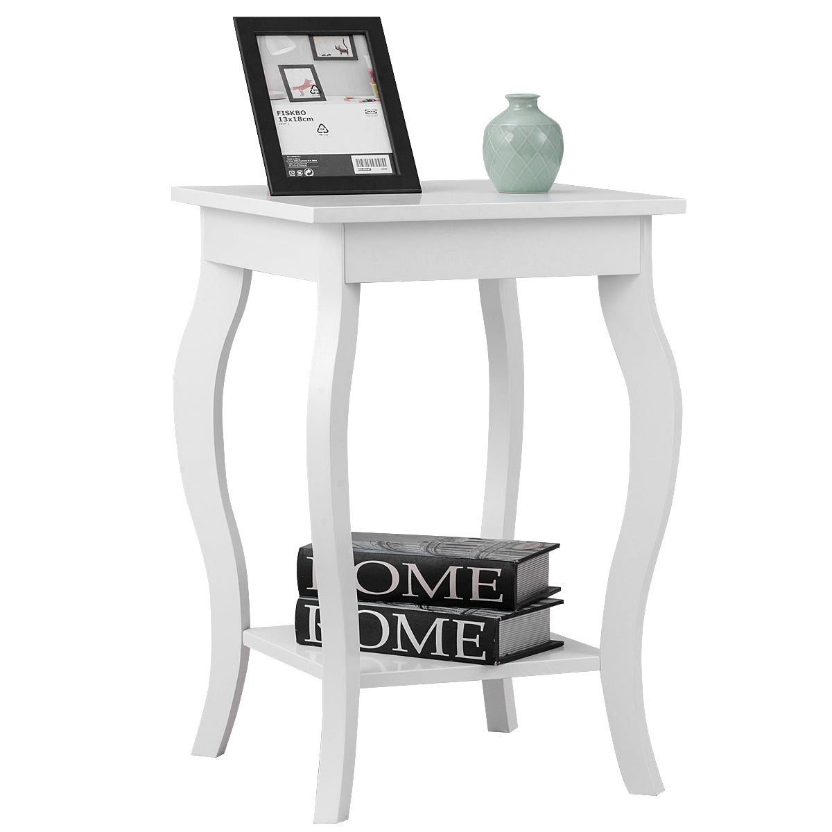 Accent End Table with Elegant Curved Legs and 2-Tier Open Storage Shelves-White