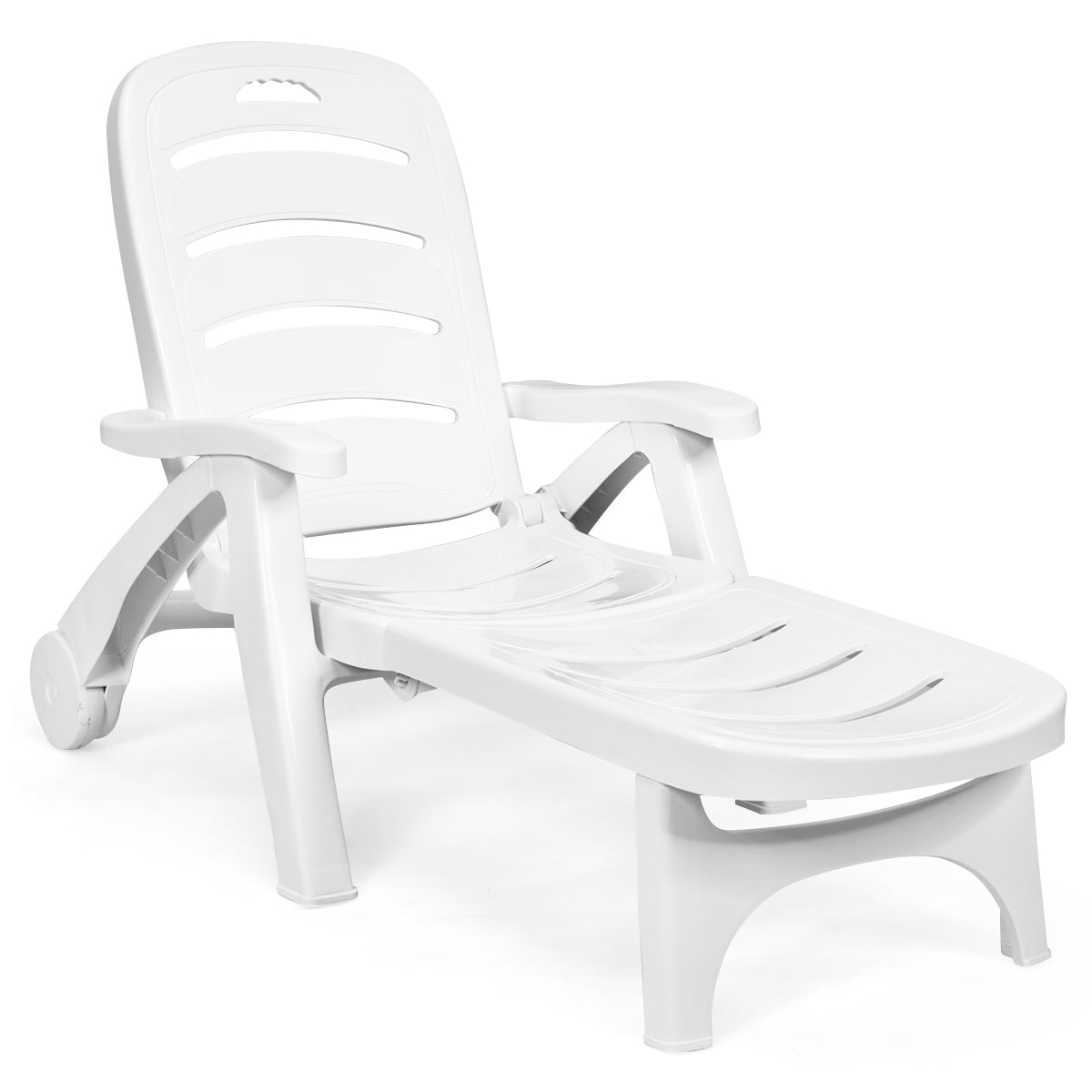 Adjustable Chaise Lounge Chair with Built-In Wheels-White