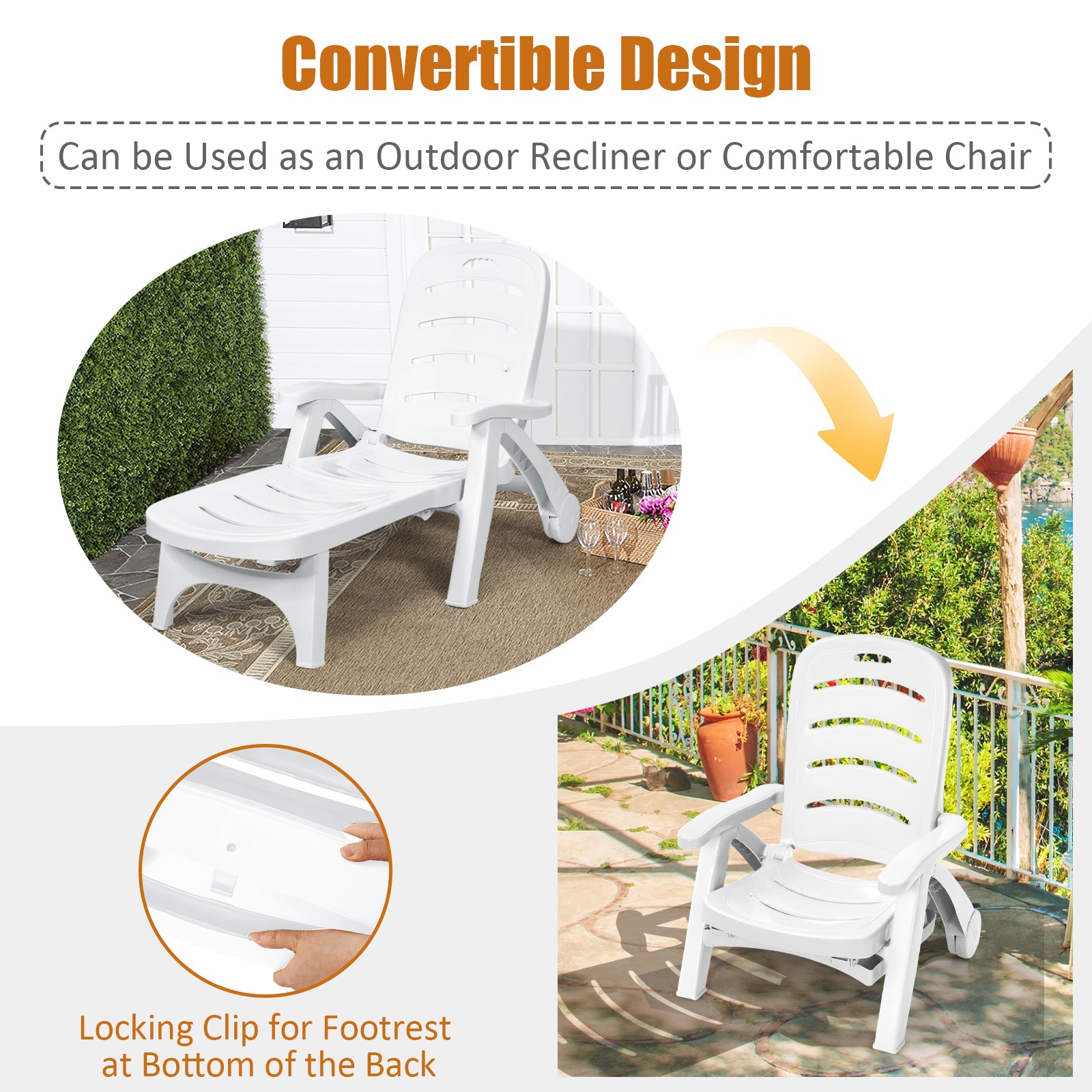 Adjustable Chaise Lounge Chair with Built-In Wheels-White