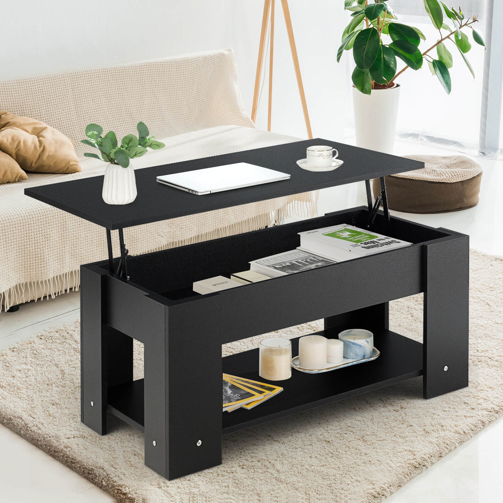 Height Adjustable Coffee Table with 2 Shelves and Liftable Top-Black