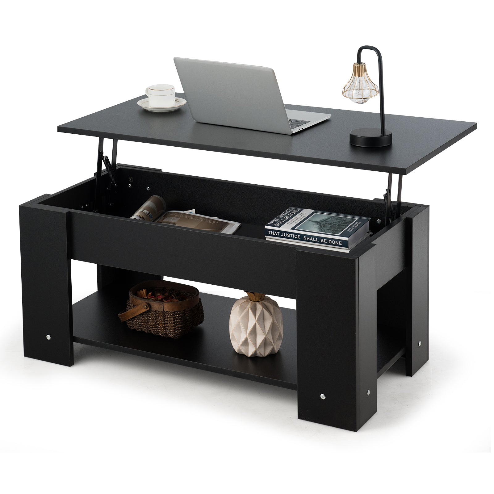 Height Adjustable Coffee Table with 2 Shelves and Liftable Top-Black