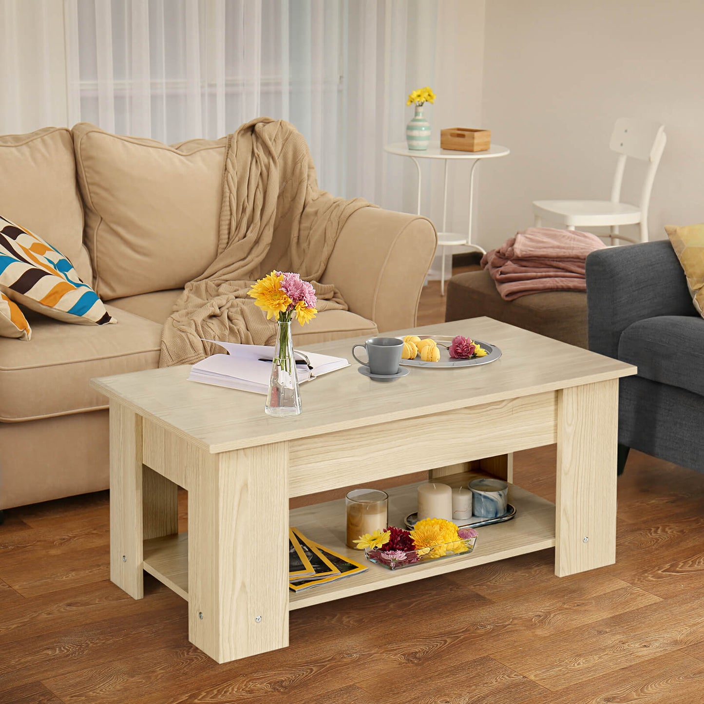 Height Adjustable Coffee Table with 2 Shelves and Liftable Top-Natural