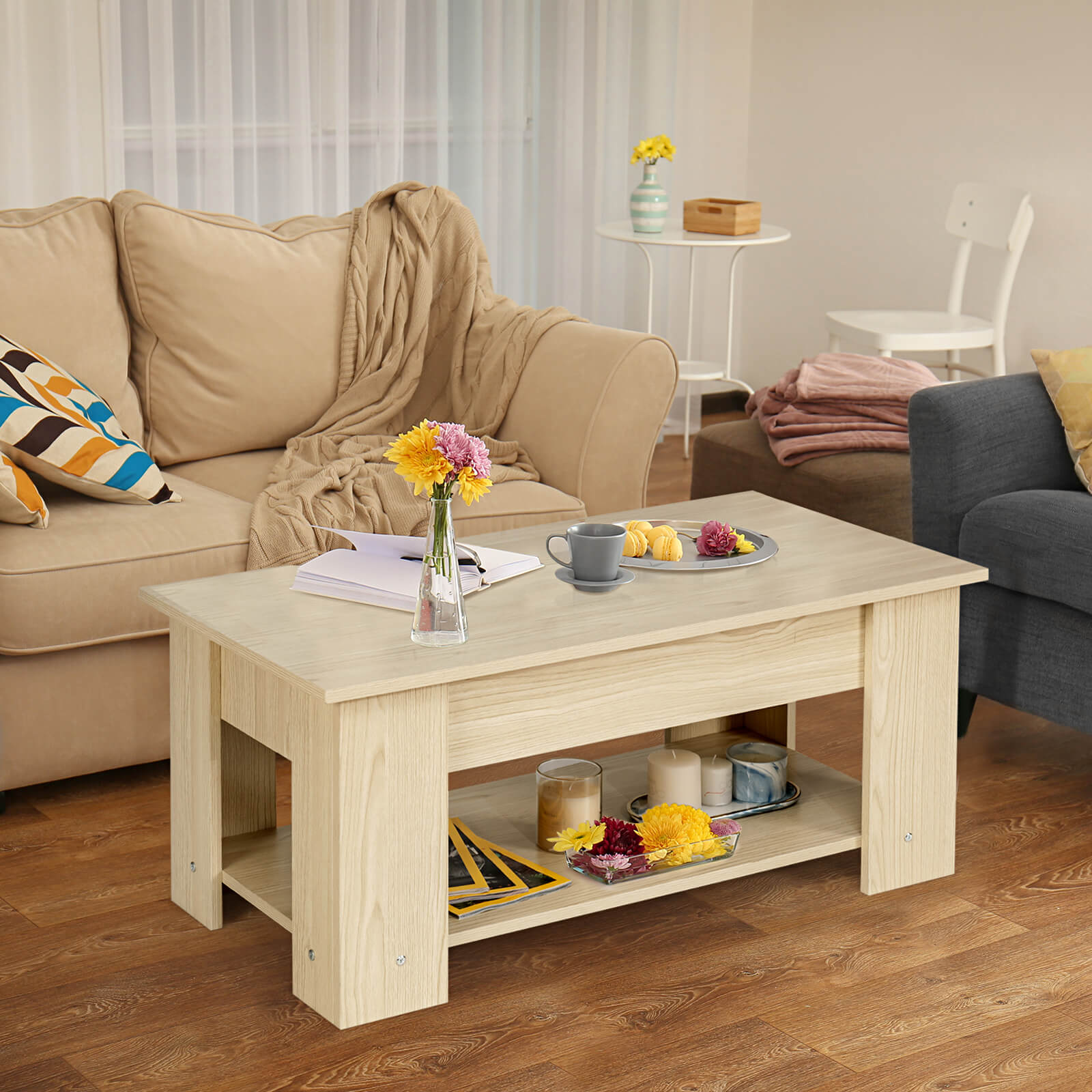 Height Adjustable Coffee Table with 2 Shelves and Liftable Top-Natural