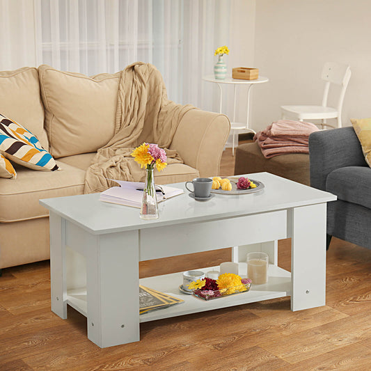 Height Adjustable Coffee Table with 2 Shelves and Liftable Top-White