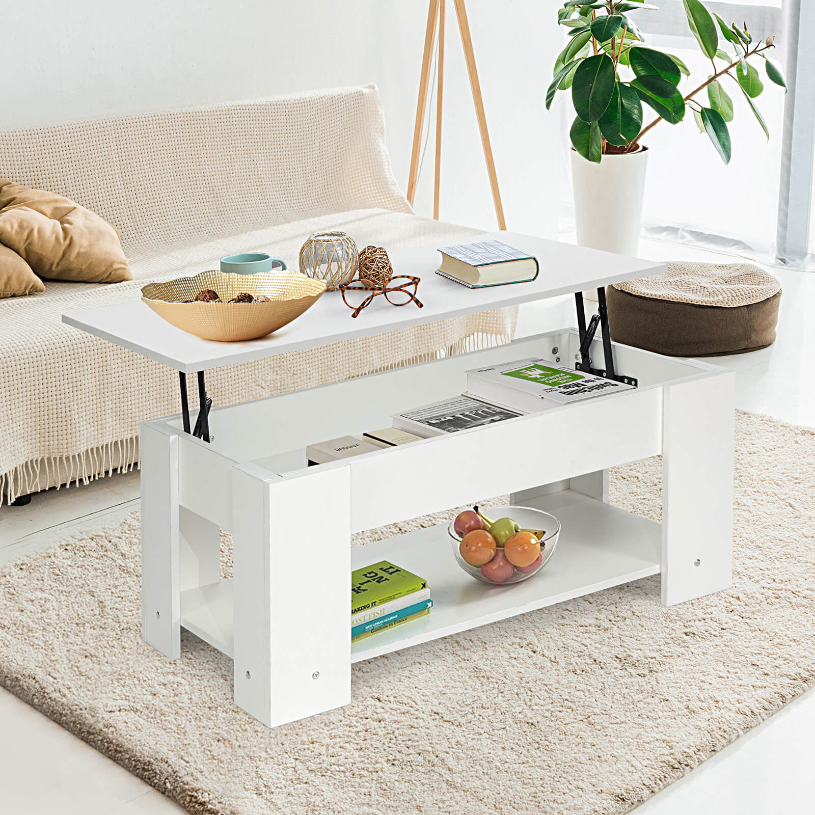 Height Adjustable Coffee Table with 2 Shelves and Liftable Top-White