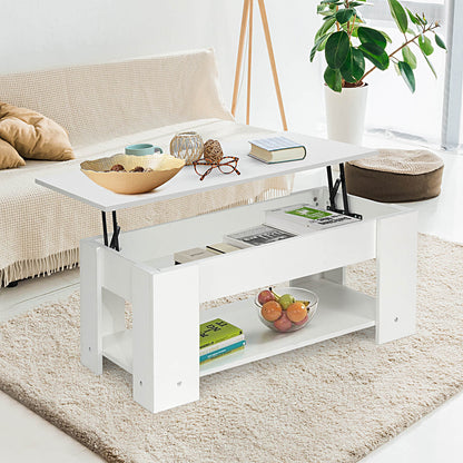 Height Adjustable Coffee Table with 2 Shelves and Liftable Top-White