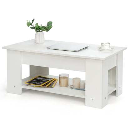 Height Adjustable Coffee Table with 2 Shelves and Liftable Top-White
