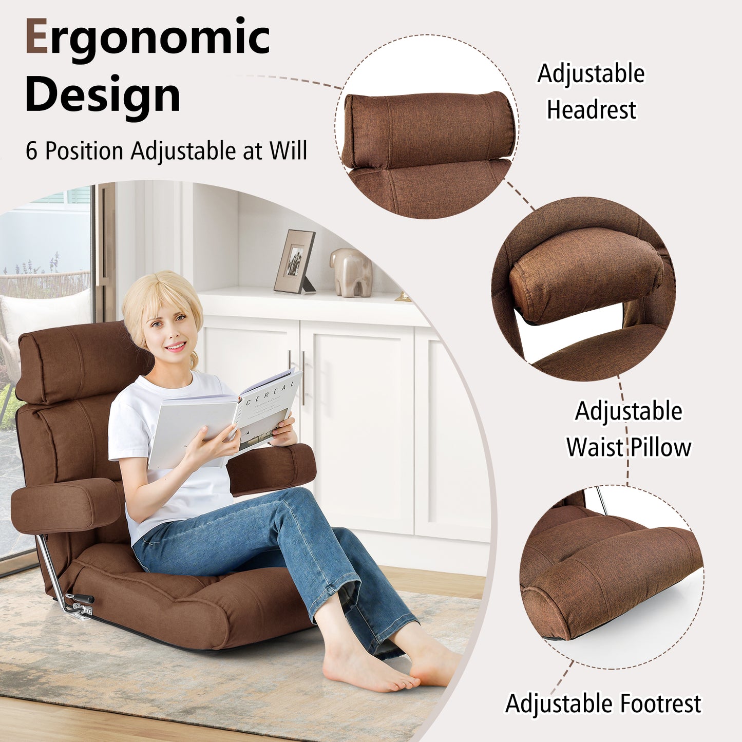 Ergonomic Sofa Lounger Chair with Stepless Adjustment Back-Brown