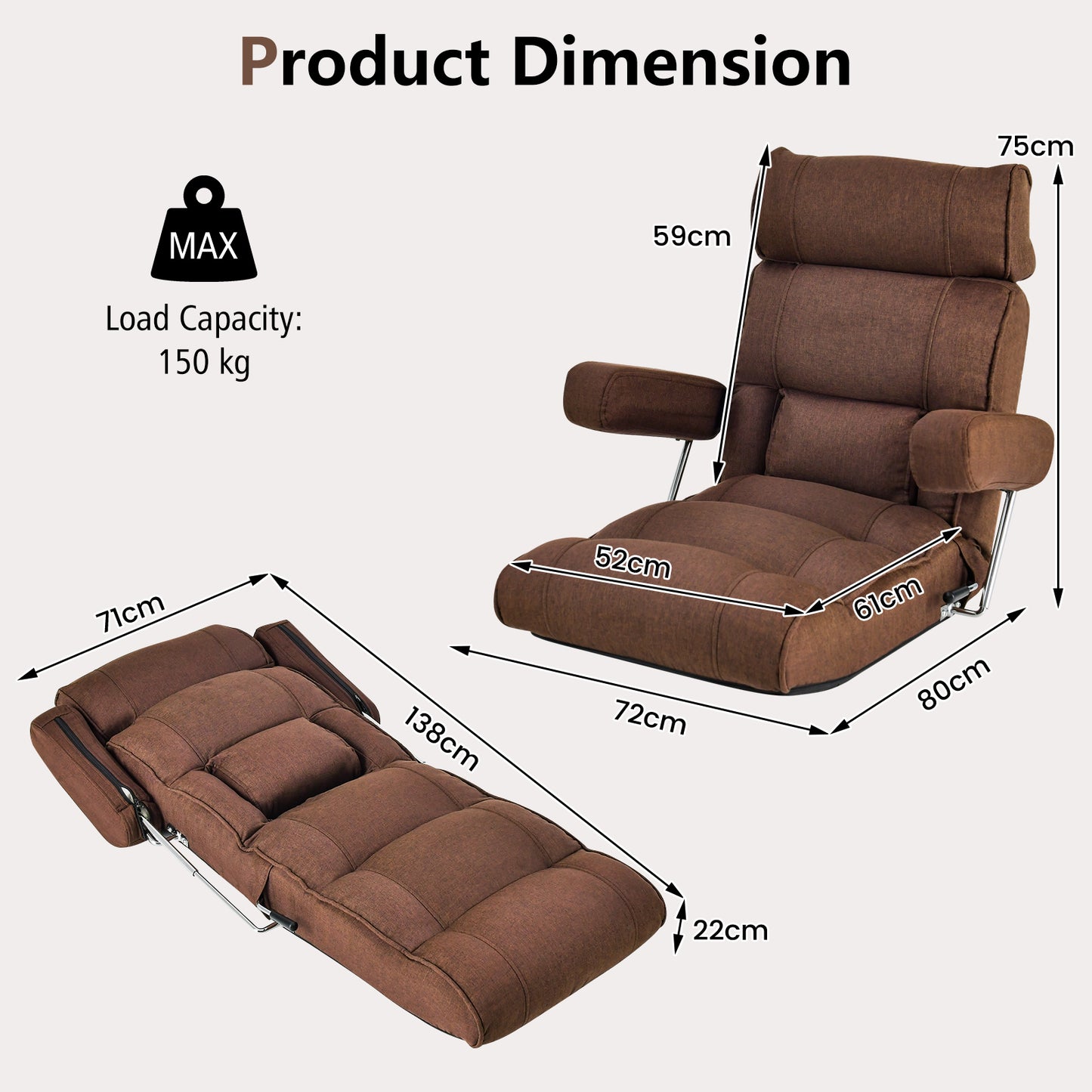 Ergonomic Sofa Lounger Chair with Stepless Adjustment Back-Brown