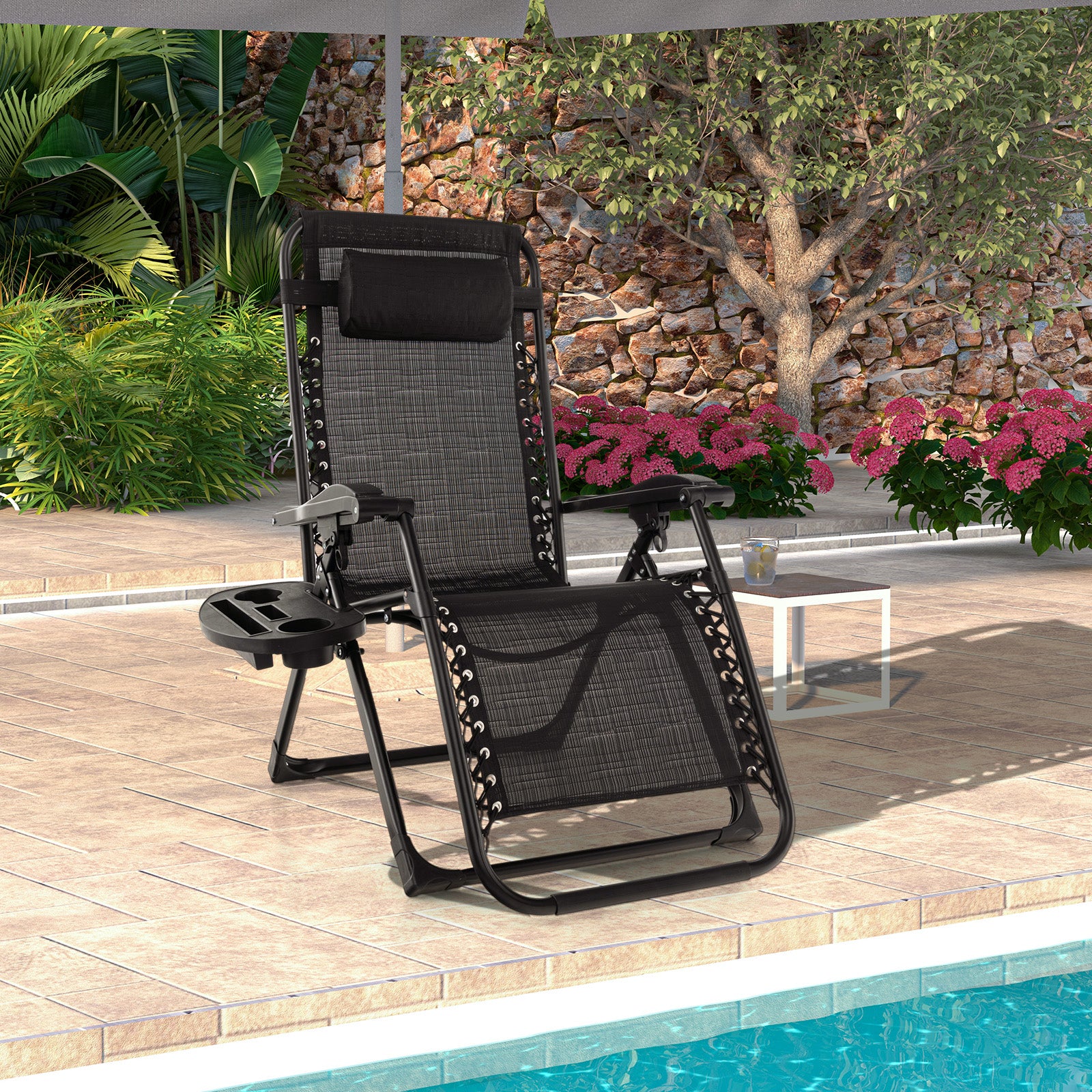 Adjustable Metal Zero Gravity Lounge Chair with Cup Holder Tray-Black