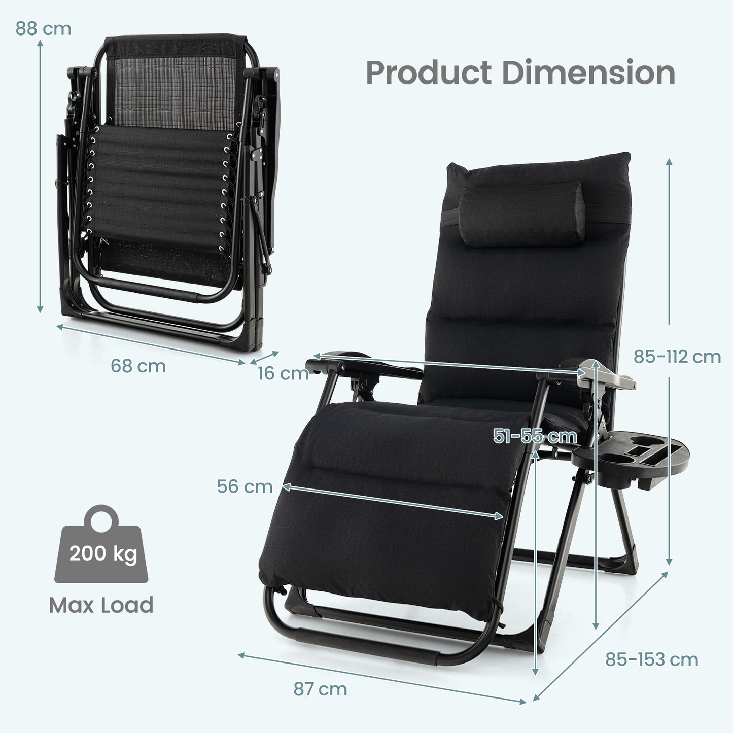 Adjustable Metal Zero Gravity Lounge Chair with Cup Holder Tray-Black