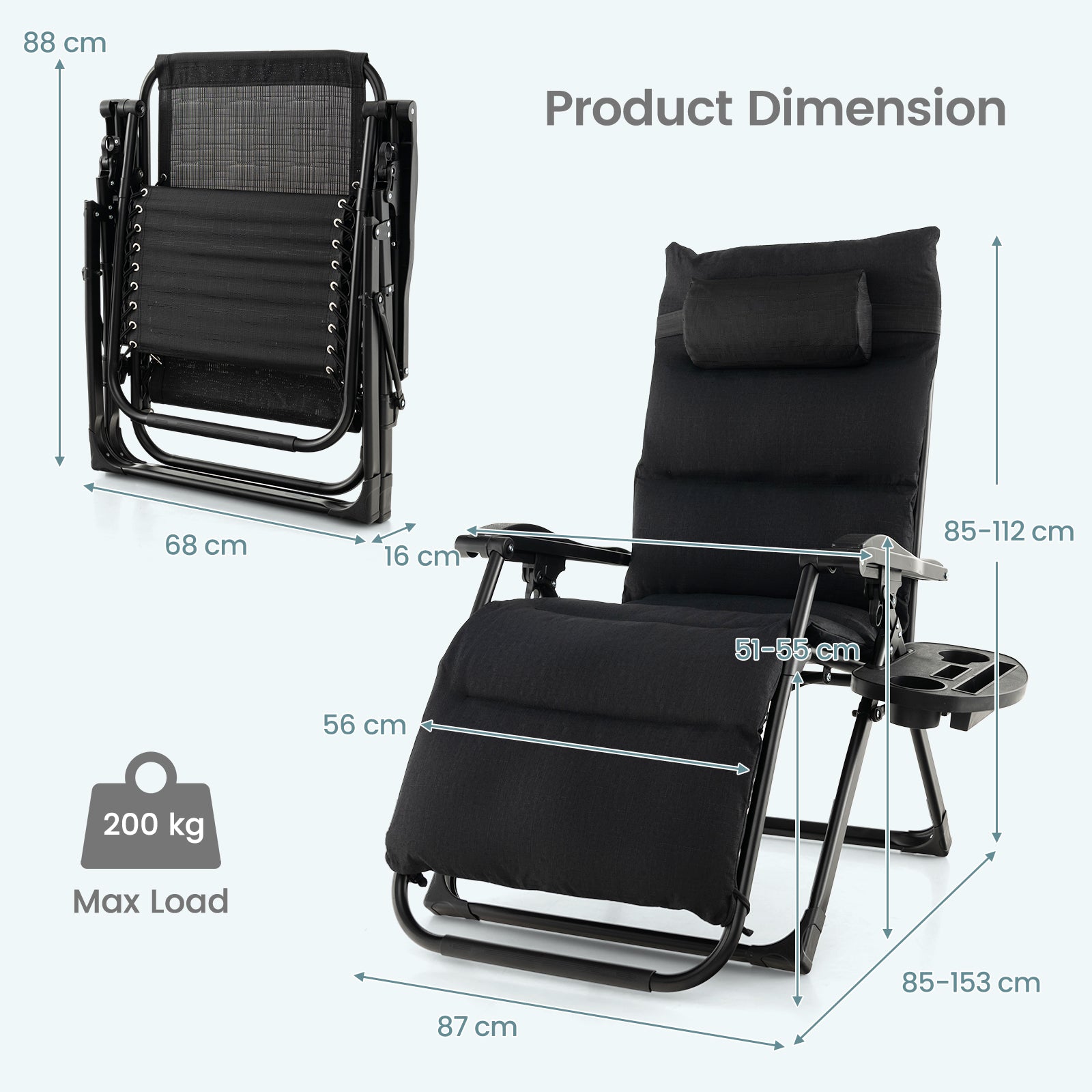 Adjustable Metal Zero Gravity Lounge Chair with Cup Holder Tray-Black
