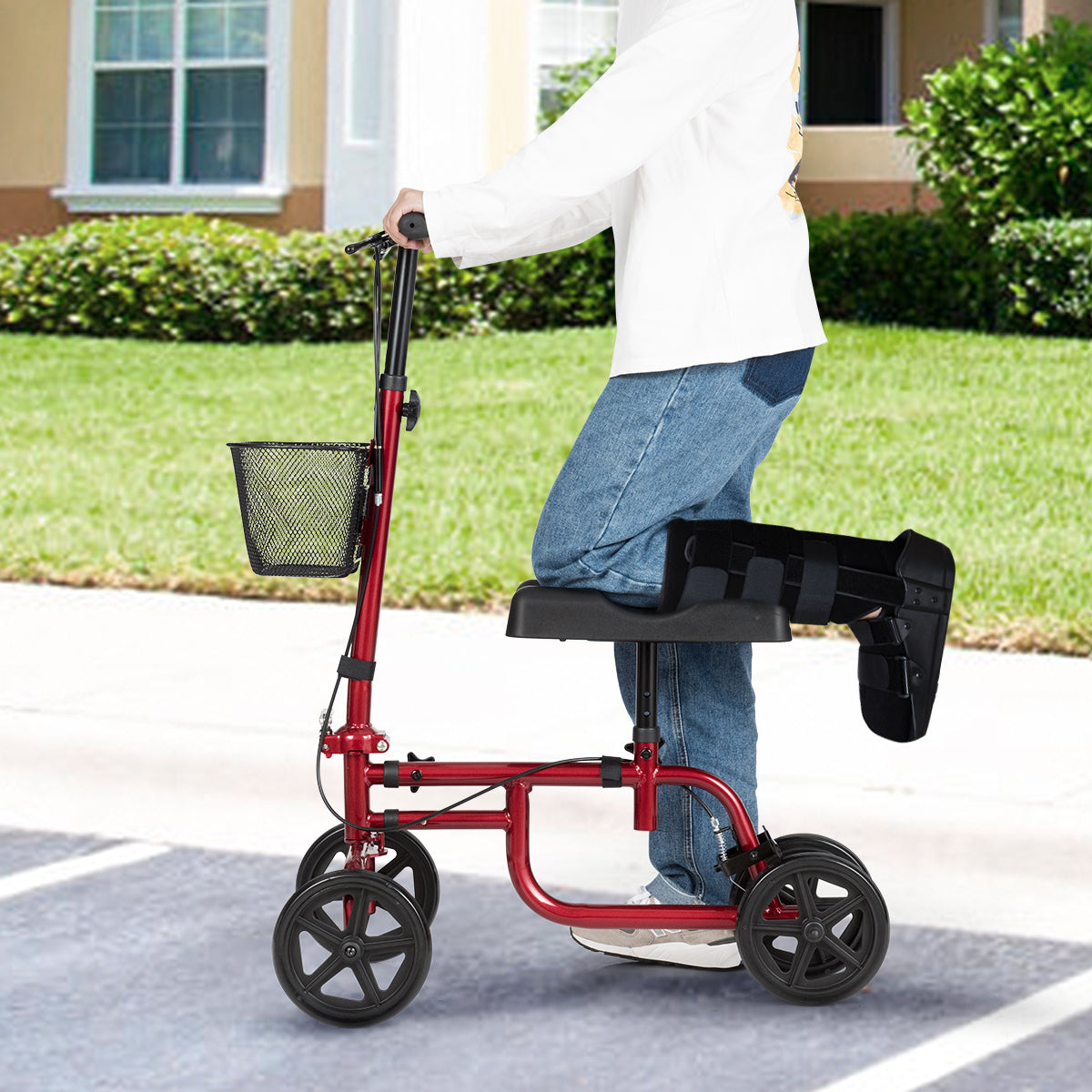 Adjustable Steerable Knee Walker Folding Scooter with Brake-Red