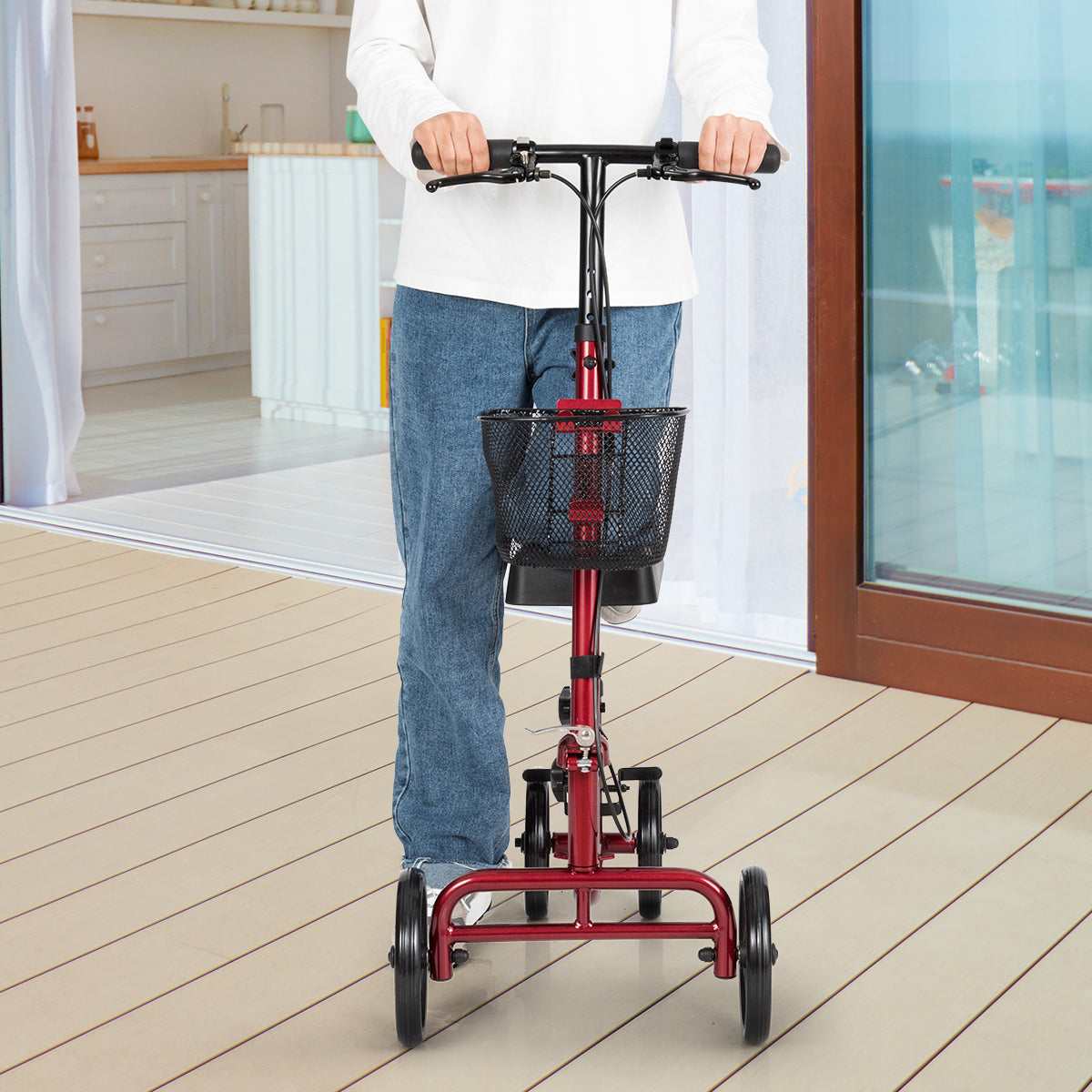 Adjustable Steerable Knee Walker Folding Scooter with Brake-Red