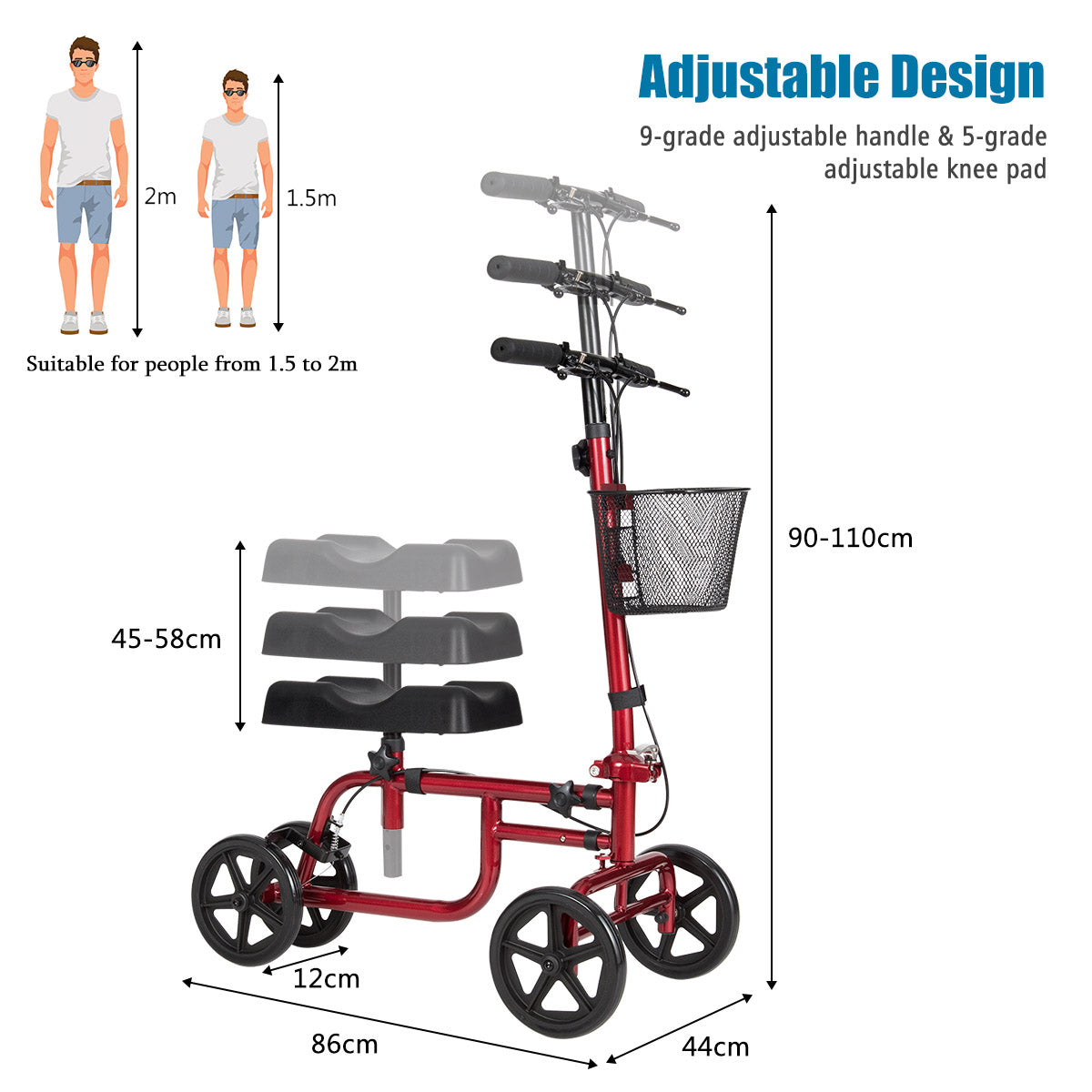 Adjustable Steerable Knee Walker Folding Scooter with Brake-Red