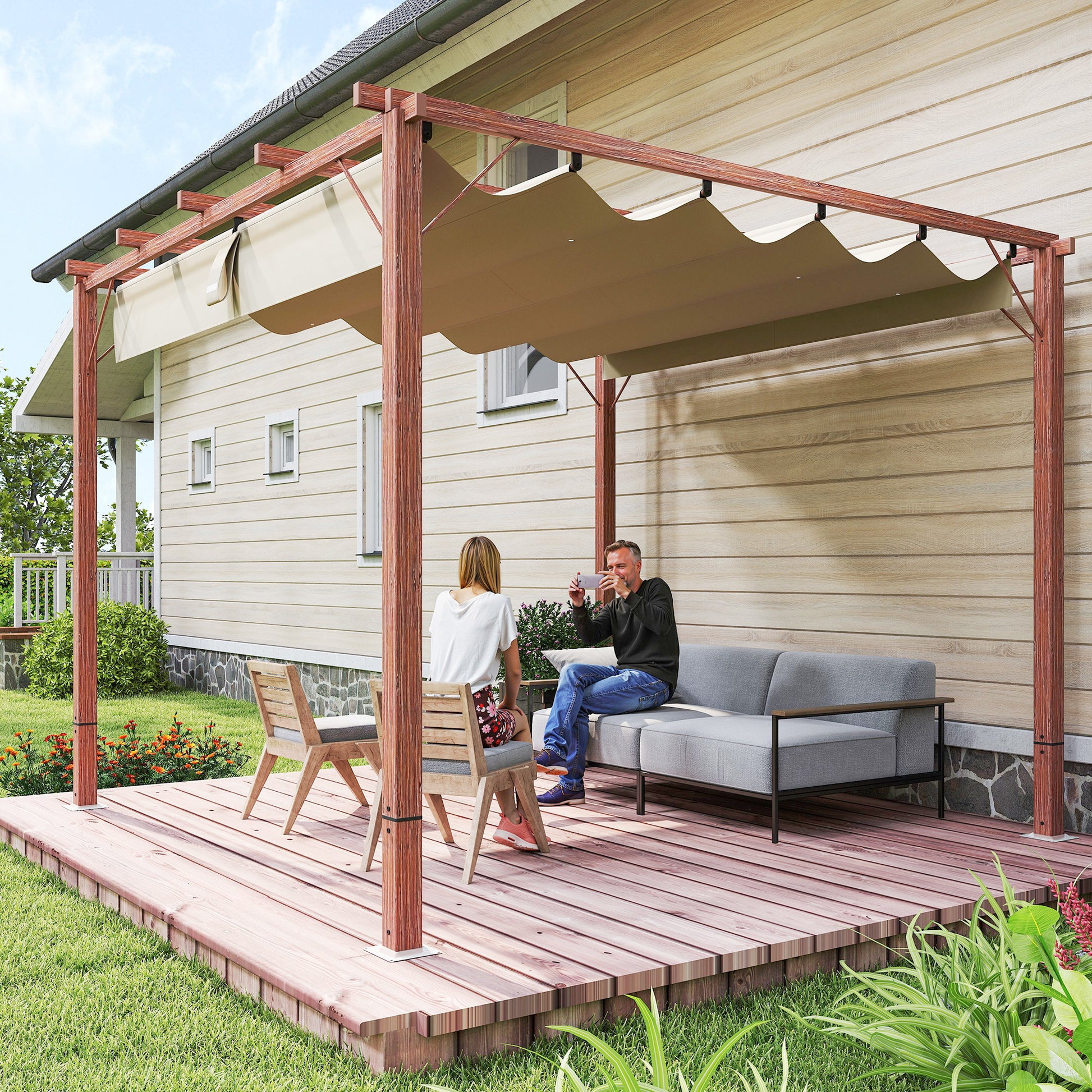 Outsunny 3 x 3 m Retractable Roof Pergola - Natural Wood Finish