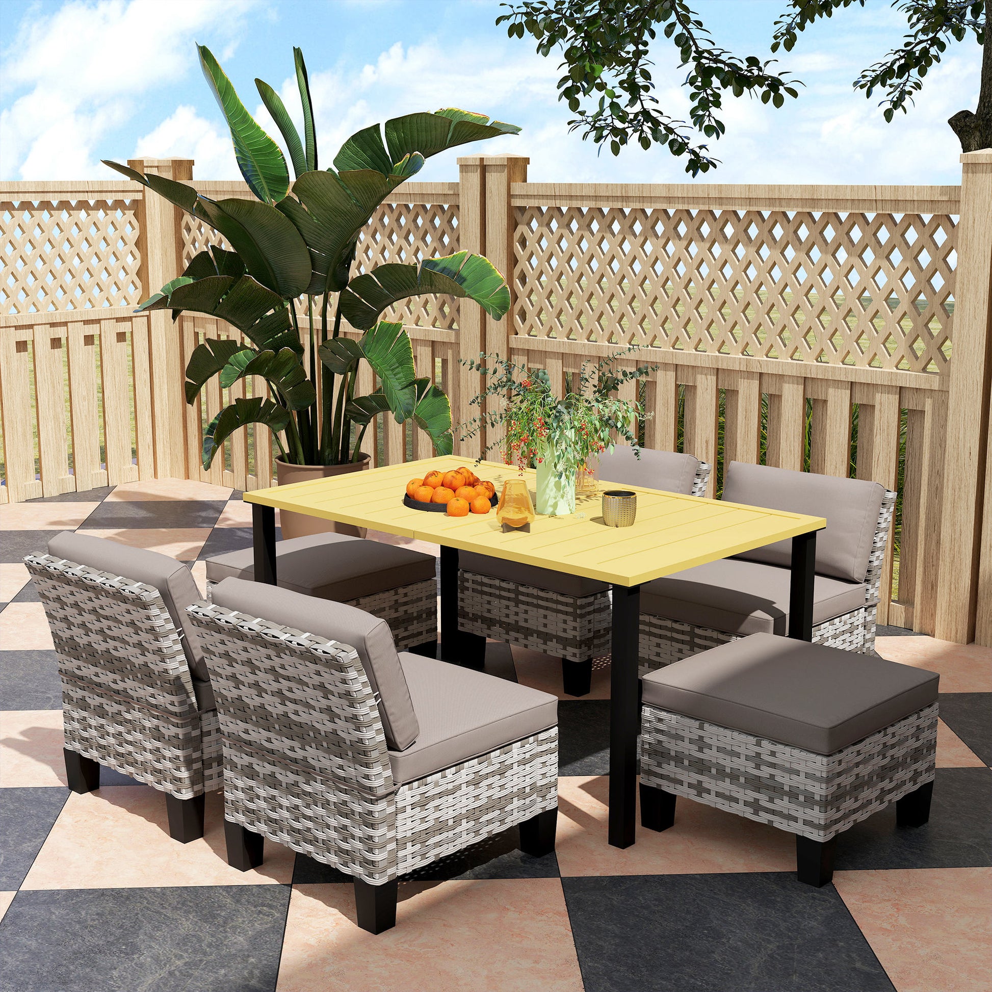Outsunny 7-Piece Rattan Garden Dining Set, 6 Seater Wicker Garden Furniture Set with Seat and Back Cushions, Umbrella Hole, Patio Table and Chairs with Slatted Metal Top Table for Balcony, Grey