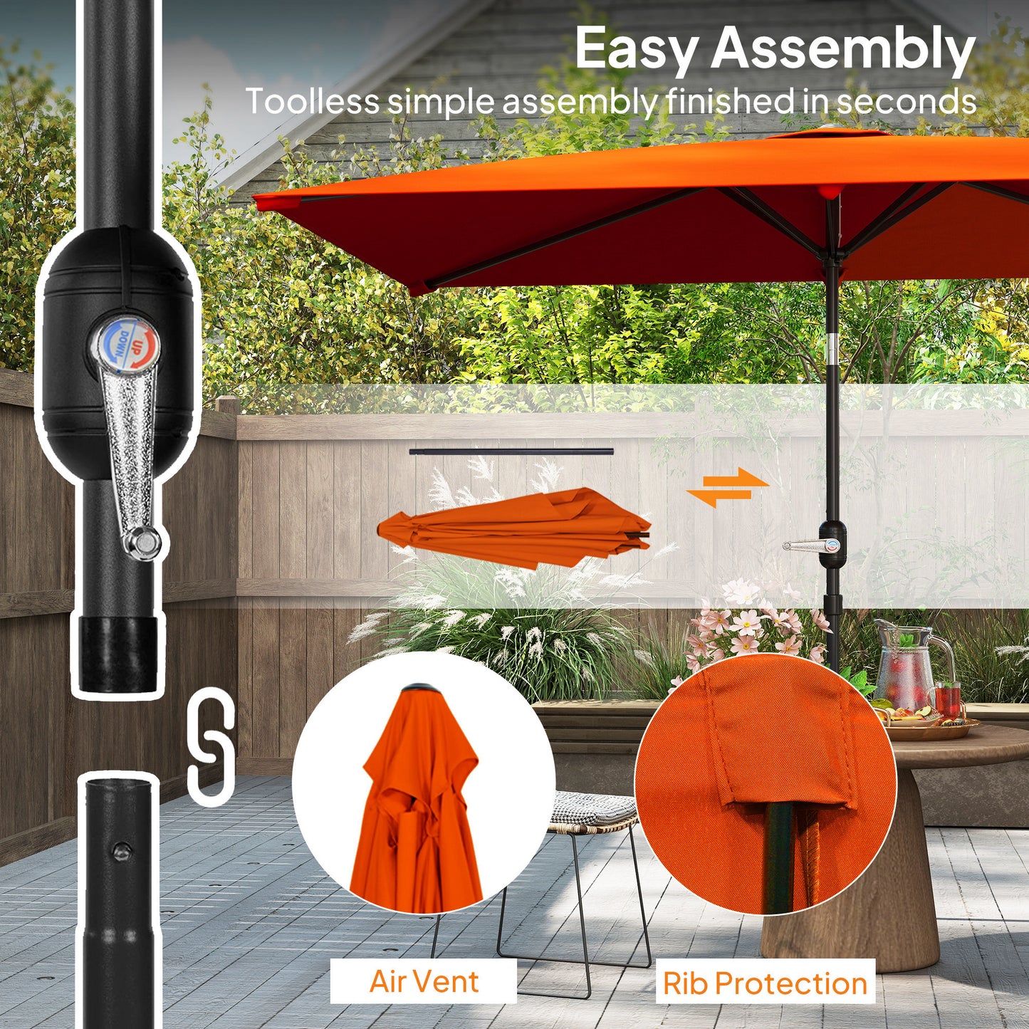 Outsunny 3x2m Patio Parasol Garden Umbrellas Canopy with Aluminium Tilt Crank Rectangular Sun Shade Steel, Orange