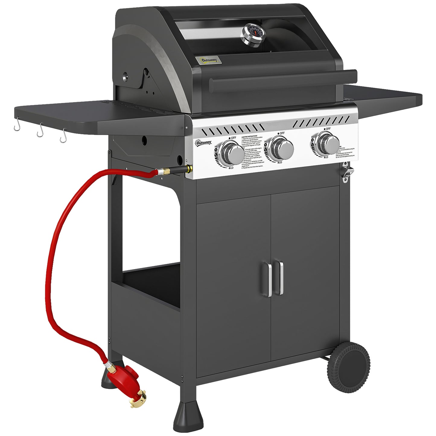 Outsunny 7.5kW Three-Burner Gas BBQ Grill, with See-Through Lid - Black
