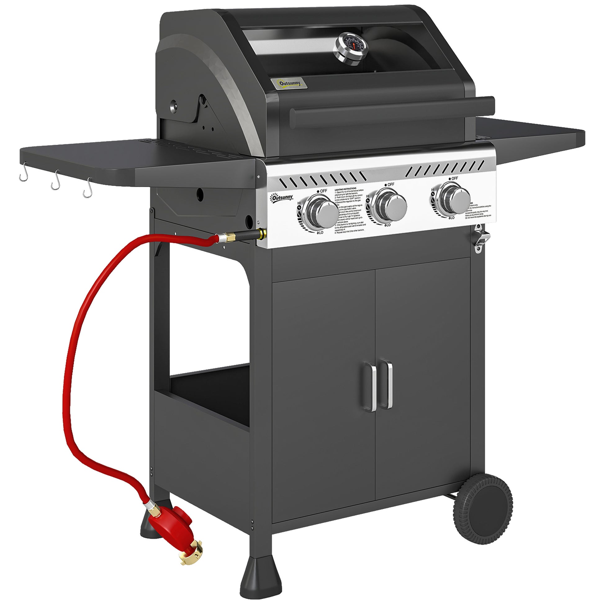 Outsunny 7.5kW Three-Burner Gas BBQ Grill, with See-Through Lid - Black