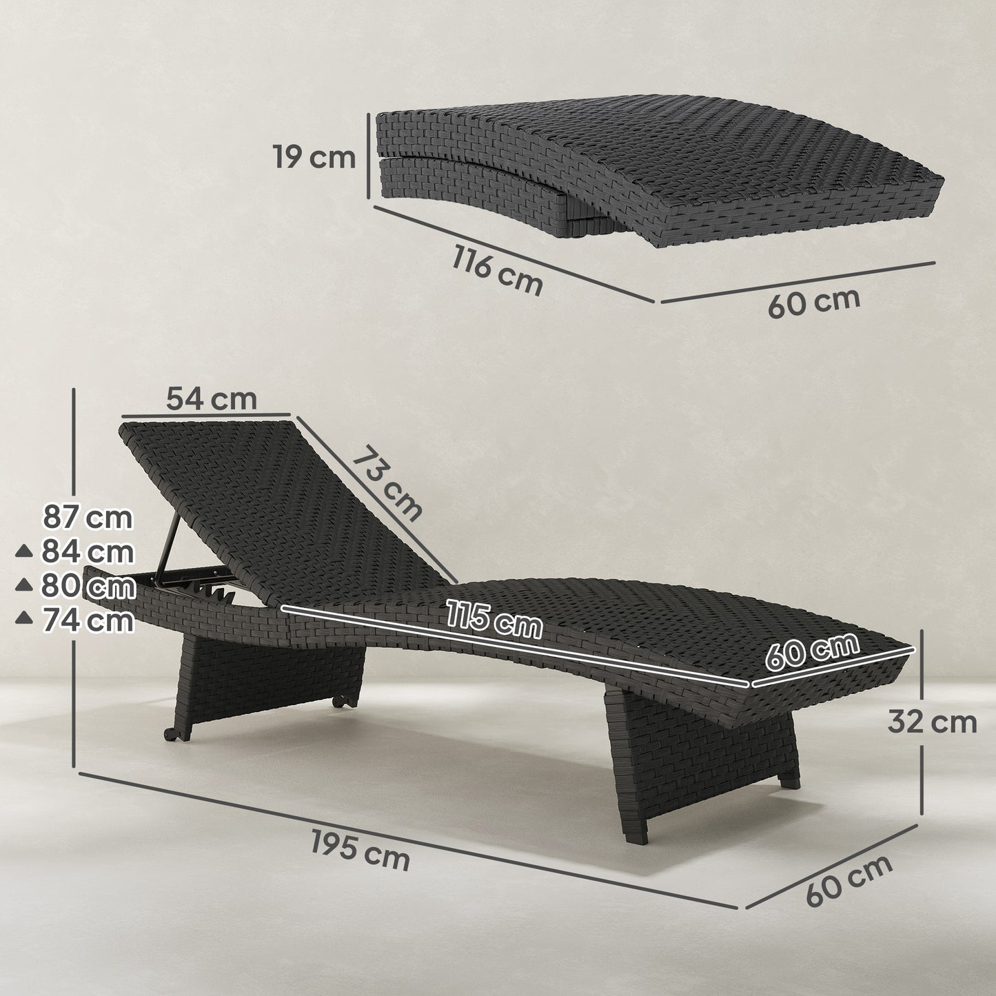 Outsunny Outdoor PE Rattan Sun Lounger, Folding Wicker Garden Lounger Recliner with 4-Level Adjustable Backrest, Rolling Sunbed Lounge Chair with Wheels, Non-Slip Legs for Balcony, Beach, Black