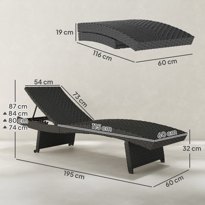 Outsunny Outdoor PE Rattan Sun Lounger, Folding Wicker Garden Lounger Recliner with 4-Level Adjustable Backrest, Rolling Sunbed Lounge Chair with Wheels, Non-Slip Legs for Balcony, Beach, Black