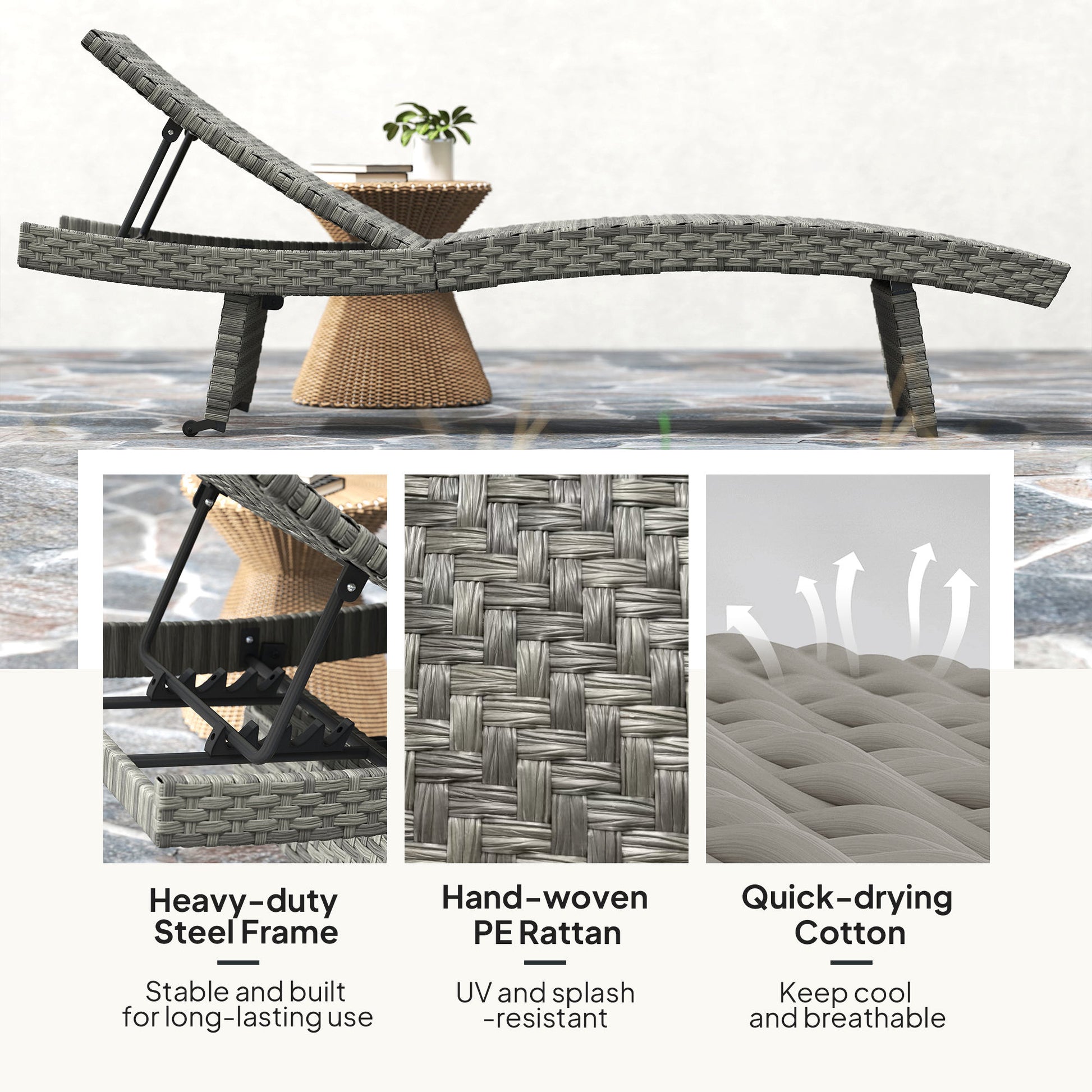 Outsunny Outdoor PE Rattan Sun Lounger, Folding Wicker Garden Lounger Recliner with 4-Level Adjustable Backrest, Rolling Sunbed Lounge Chair with Wheels, Non-Slip Legs for Balcony, Beach, Mixed-grey