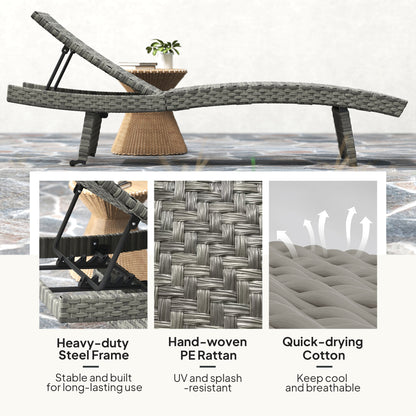 Outsunny Outdoor PE Rattan Sun Lounger, Folding Wicker Garden Lounger Recliner with 4-Level Adjustable Backrest, Rolling Sunbed Lounge Chair with Wheels, Non-Slip Legs for Balcony, Beach, Mixed-grey