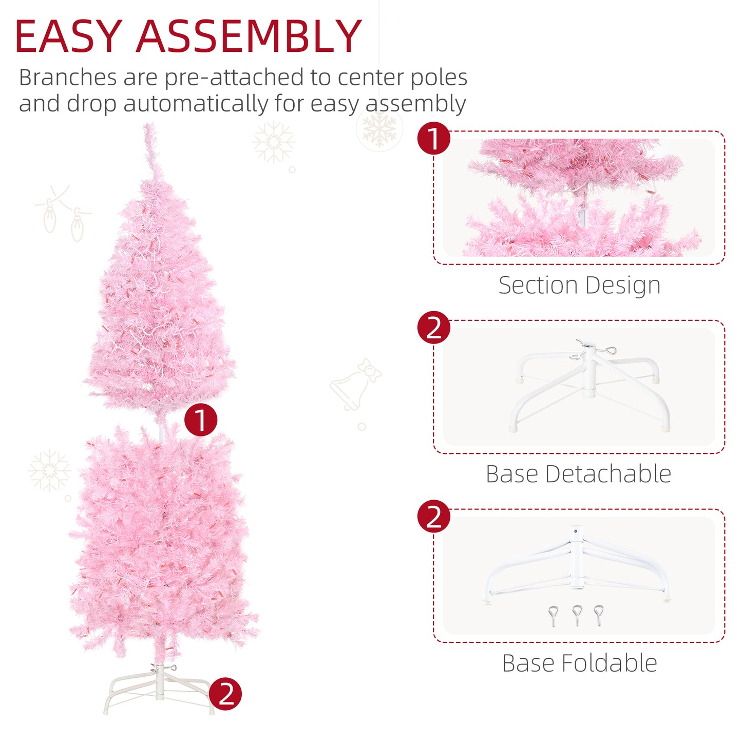 HOMCOM 5' Tall Prelit Pencil Slim Artificial Christmas Tree with Realistic Branches, 250 Warm White LED Lights and 408 Tips, Xmas Decoration, Pink