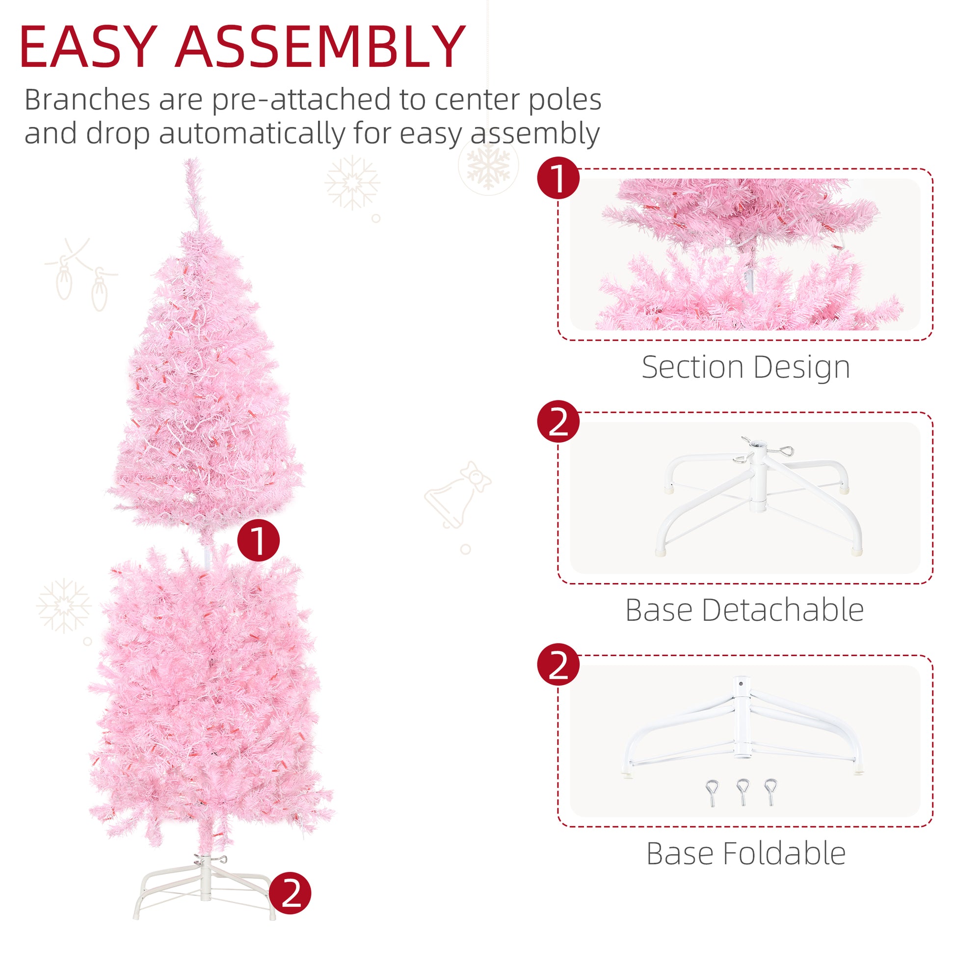 HOMCOM 5' Tall Prelit Pencil Slim Artificial Christmas Tree with Realistic Branches, 250 Warm White LED Lights and 408 Tips, Xmas Decoration, Pink